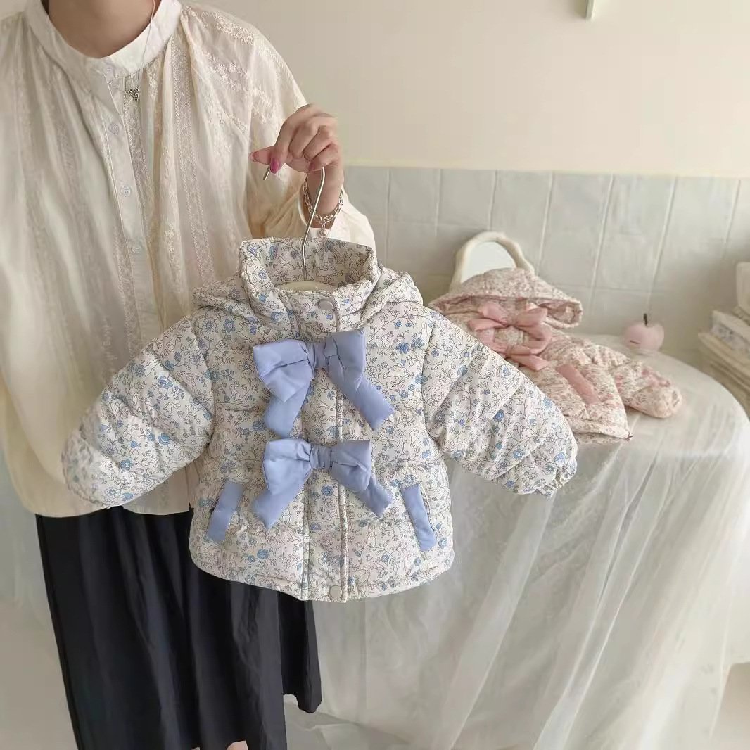 Winter Fashion Baby Floral Print Winter Bow Hooded Jacket - Image 2