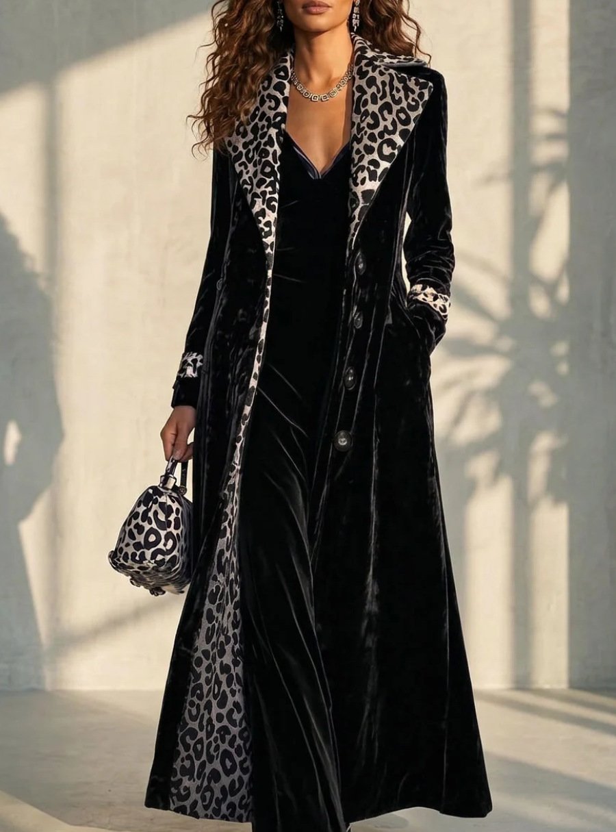 Retro Leopard-print Color-block Lapel Single-breasted Long-sleeve Trench Coat - Image 8