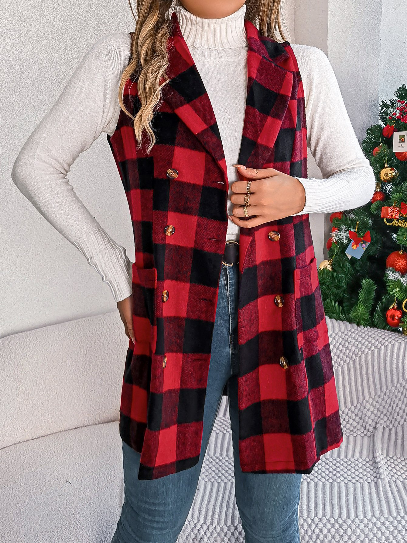 Color-contrast Check Sleeveless Double Breasted Vest Coat - Image 6