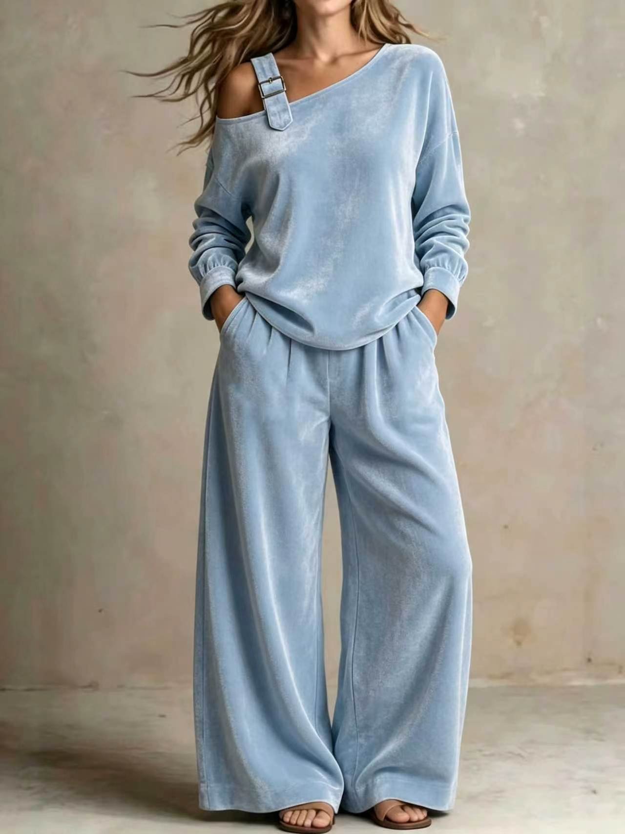 Off-shoulder Suit Women's Velvet Casual Two-Piece Set Soft Comfortable Outfit Daily Clothing - Image 7