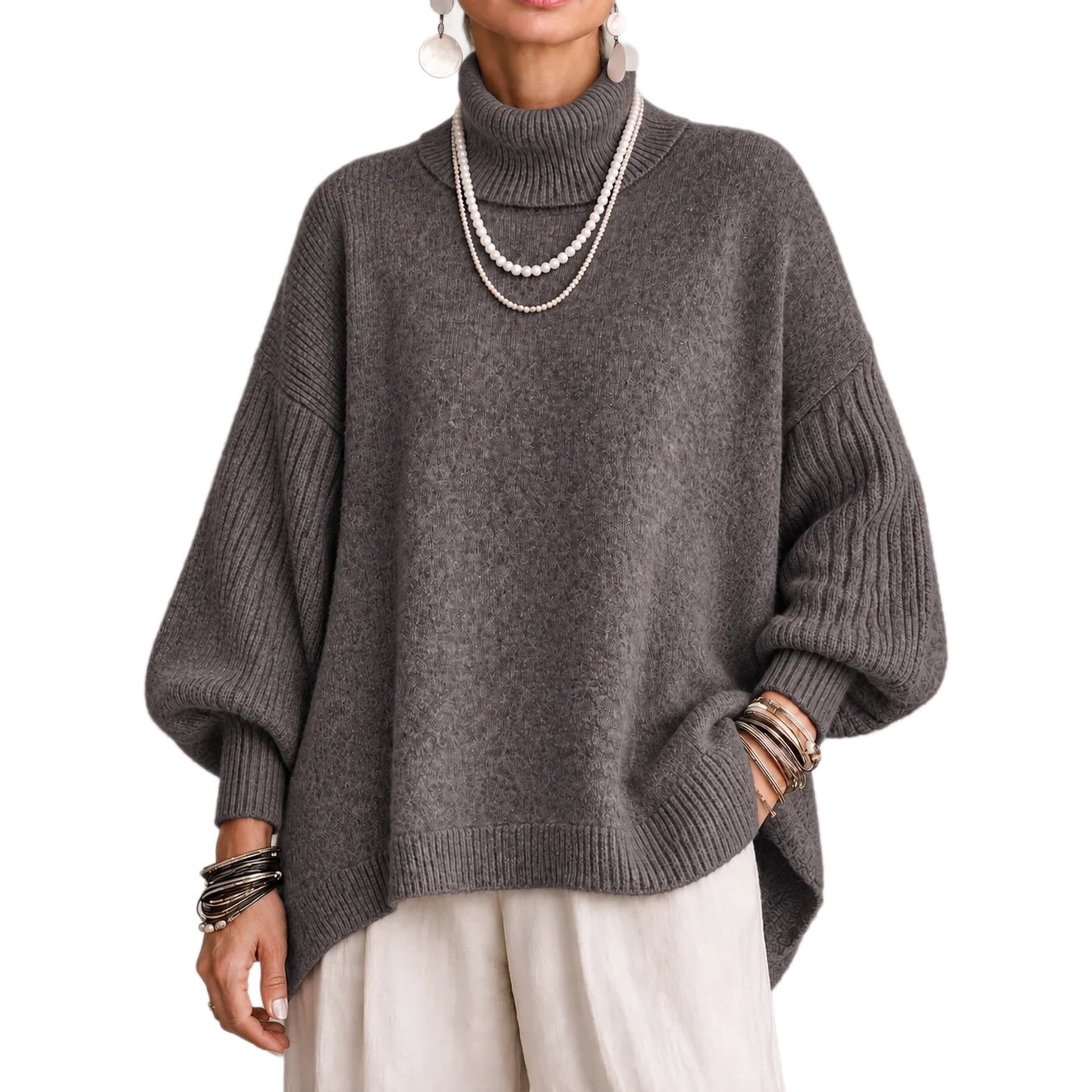 Women's Turtleneck Knitted Pullover Sweater With Lantern Sleeves - Image 5