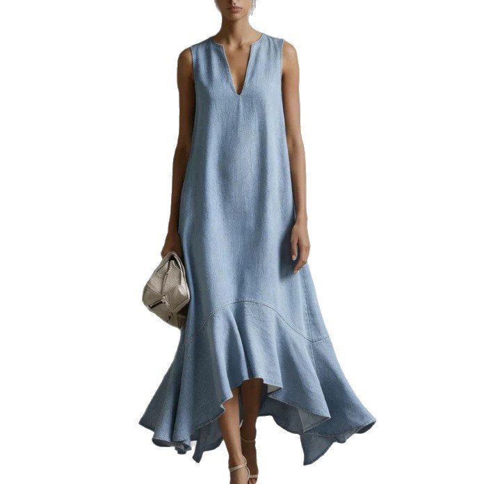 Fashionable V-neck Loose-fit Flared Womens Dress - Image 5