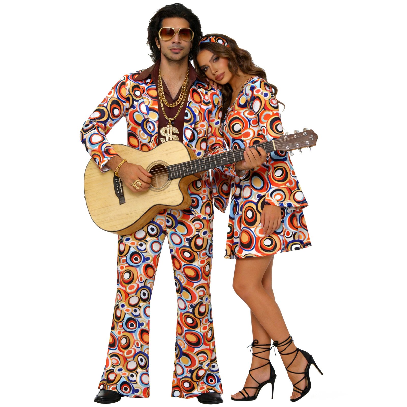 Retro 70s Disco Print Matching Couple Outfits - Hippie Costume For Party Stage Performance Cosplay