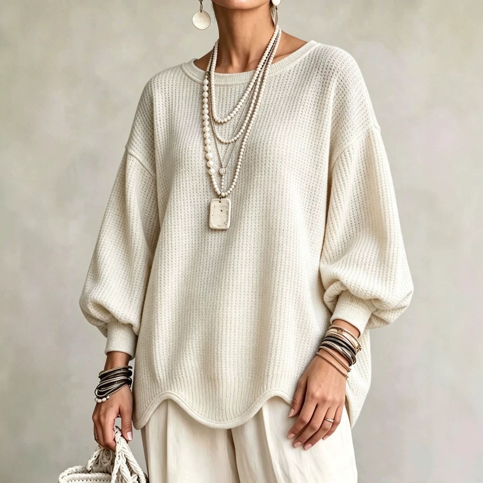 Women's Autumn Round-Neck Lantern-Sleeve Top With Irregular Wavy Hem - Image 3