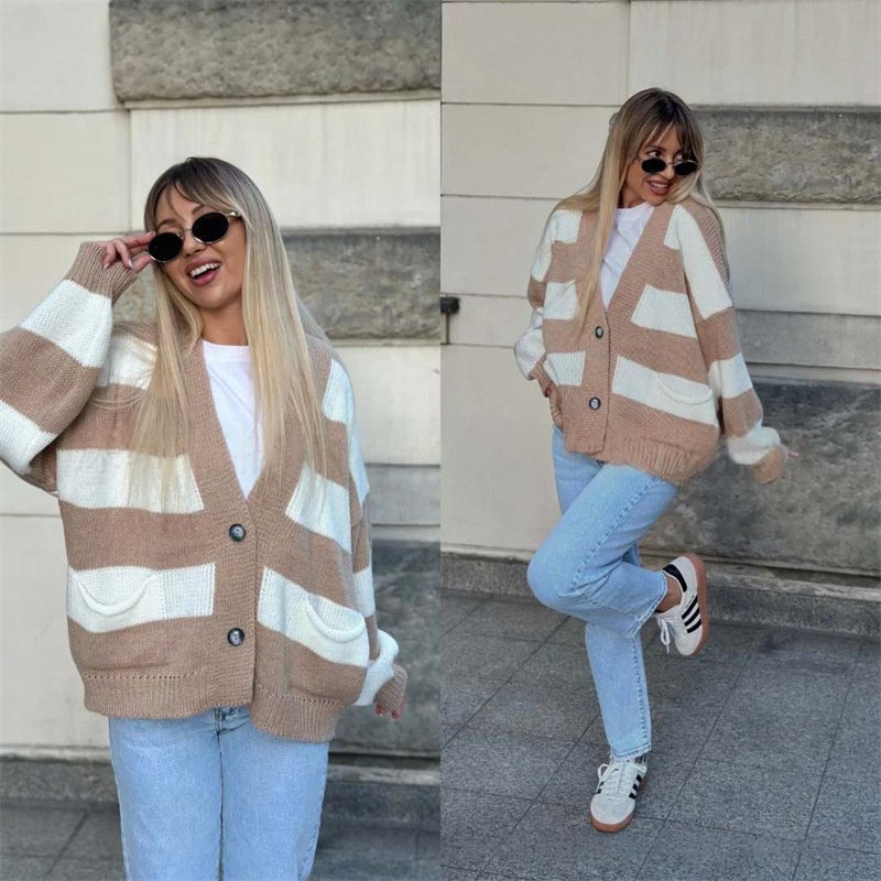 Autumn And Winter New Casual V-neck Long Sleeve Striped Sweater Coat - Image 4