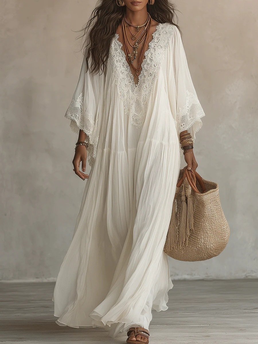 Summer Elegant Solid Dresses Womens Casual Lace Trim V Neck Flowy Maxi Dress Beach Holiday Party Maxi Dresses - Image 7