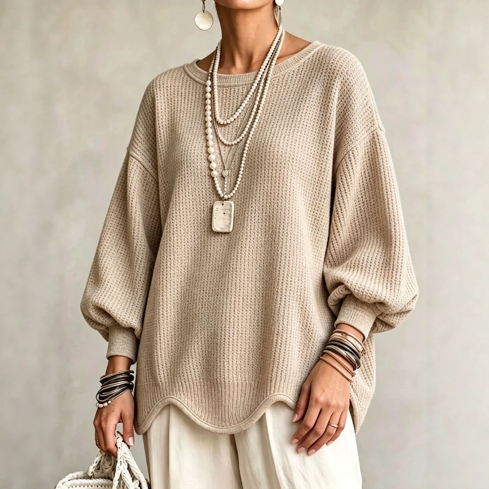 Women's Autumn Round-Neck Lantern-Sleeve Top With Irregular Wavy Hem