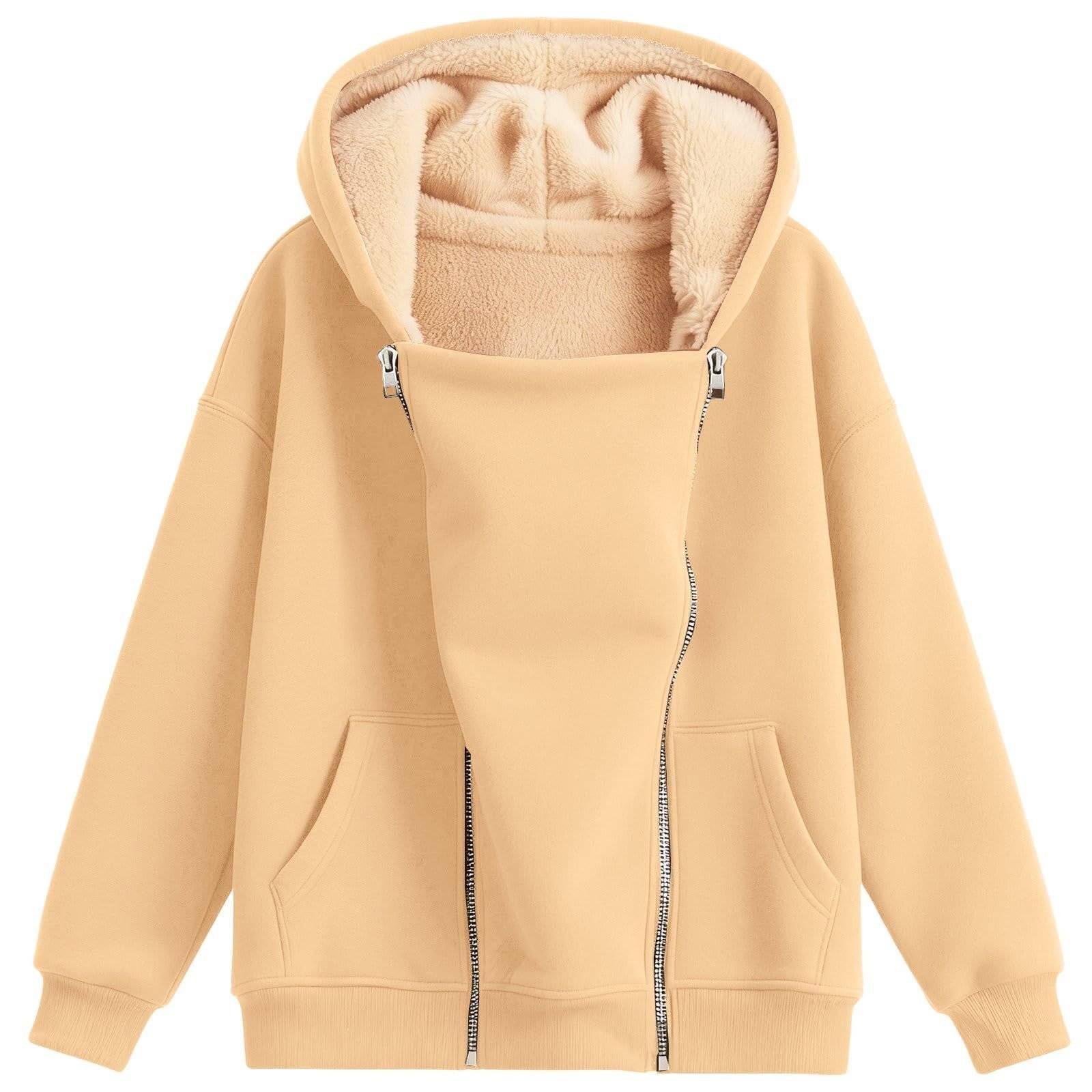 Solid-color Hooded Long-sleeve Zip-up Hoodie With Pockets Extra-thick Fabric - Image 4