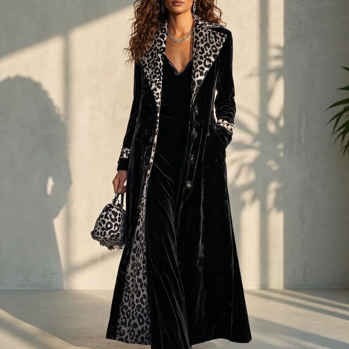 Retro Leopard-print Color-block Lapel Single-breasted Long-sleeve Trench Coat - Image 3
