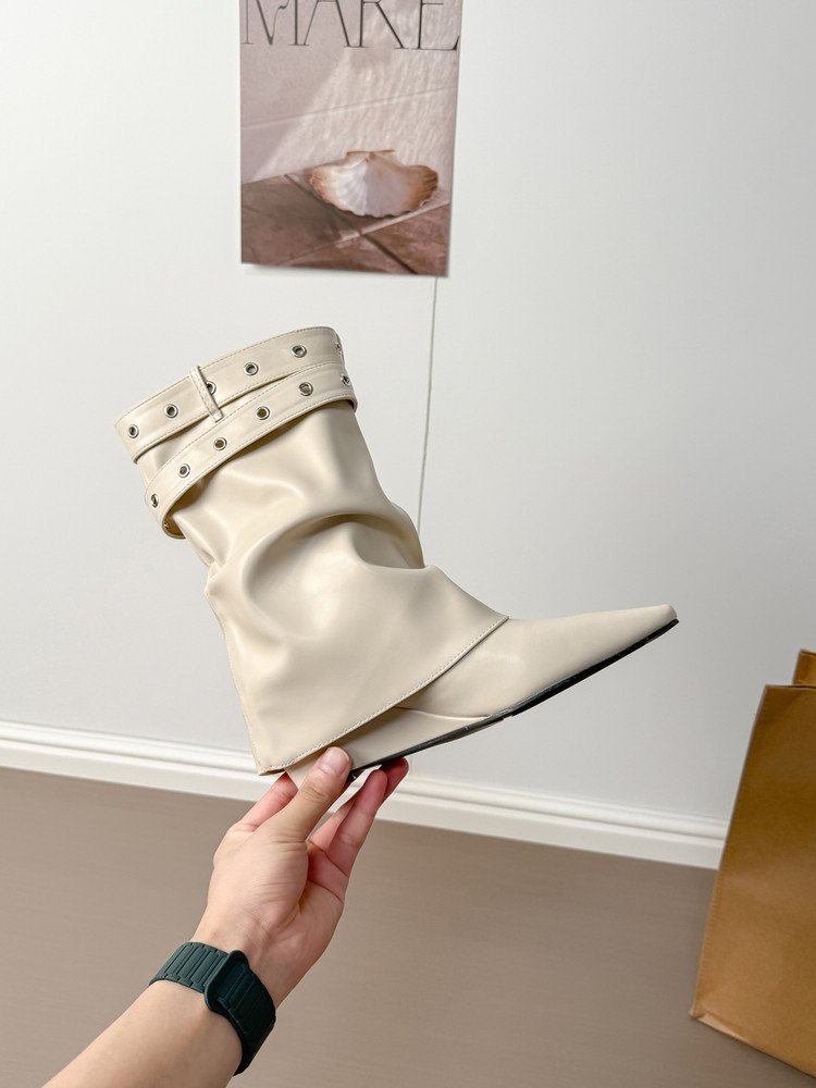 Women's White Spicy Girl Rivet PointedToe MidCalf Slouch Boots, Biker Boots & Ankle Boots For TuckedIn Pants - Image 3