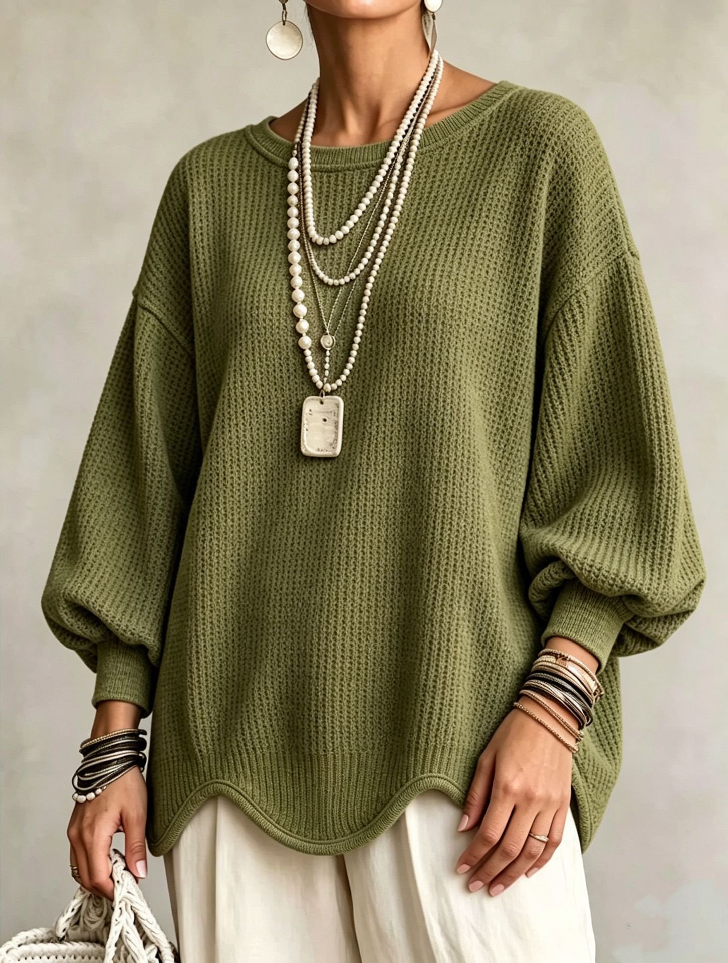 Women's Autumn Round-Neck Lantern-Sleeve Top With Irregular Wavy Hem - Image 9