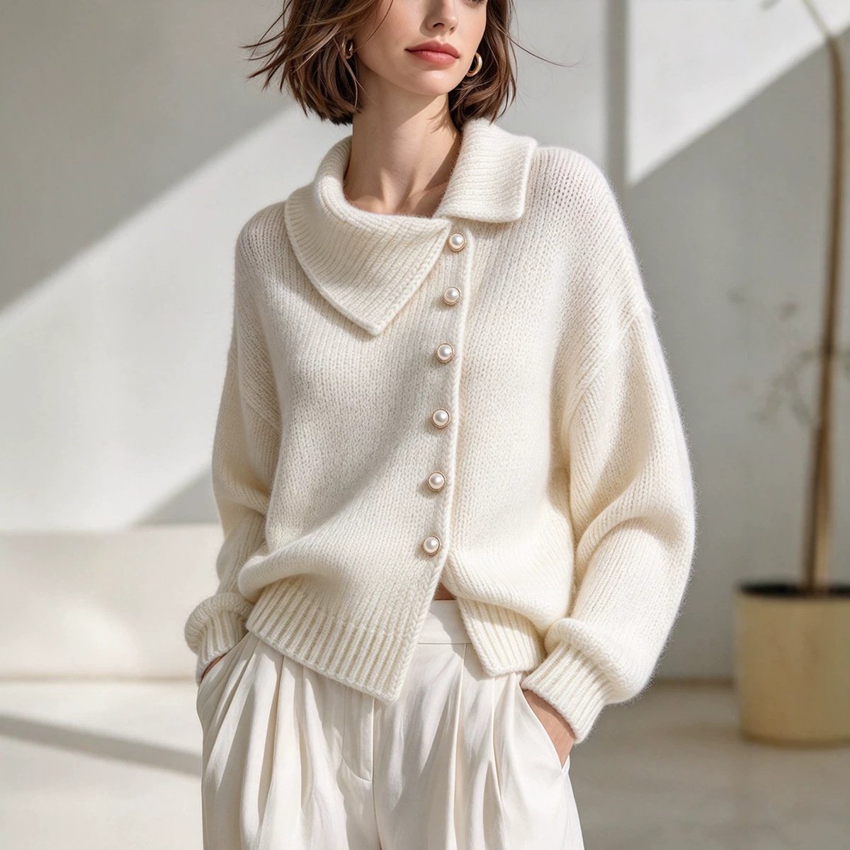 Cardigan Asymmetric Wide Collar Pearl Buckle Knitted Sweater - Image 3