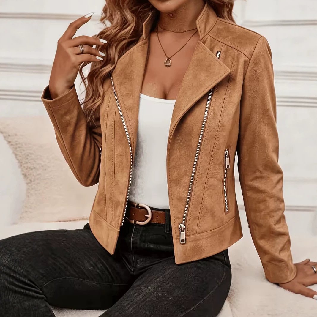 Women's Suede Solid Color Polo Collar Metal Zipper Coat Jacket