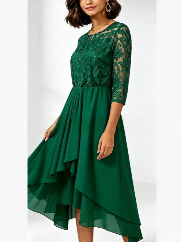 Three-quarter Sleeve Chiffon Irregular Hem Dress - Image 4