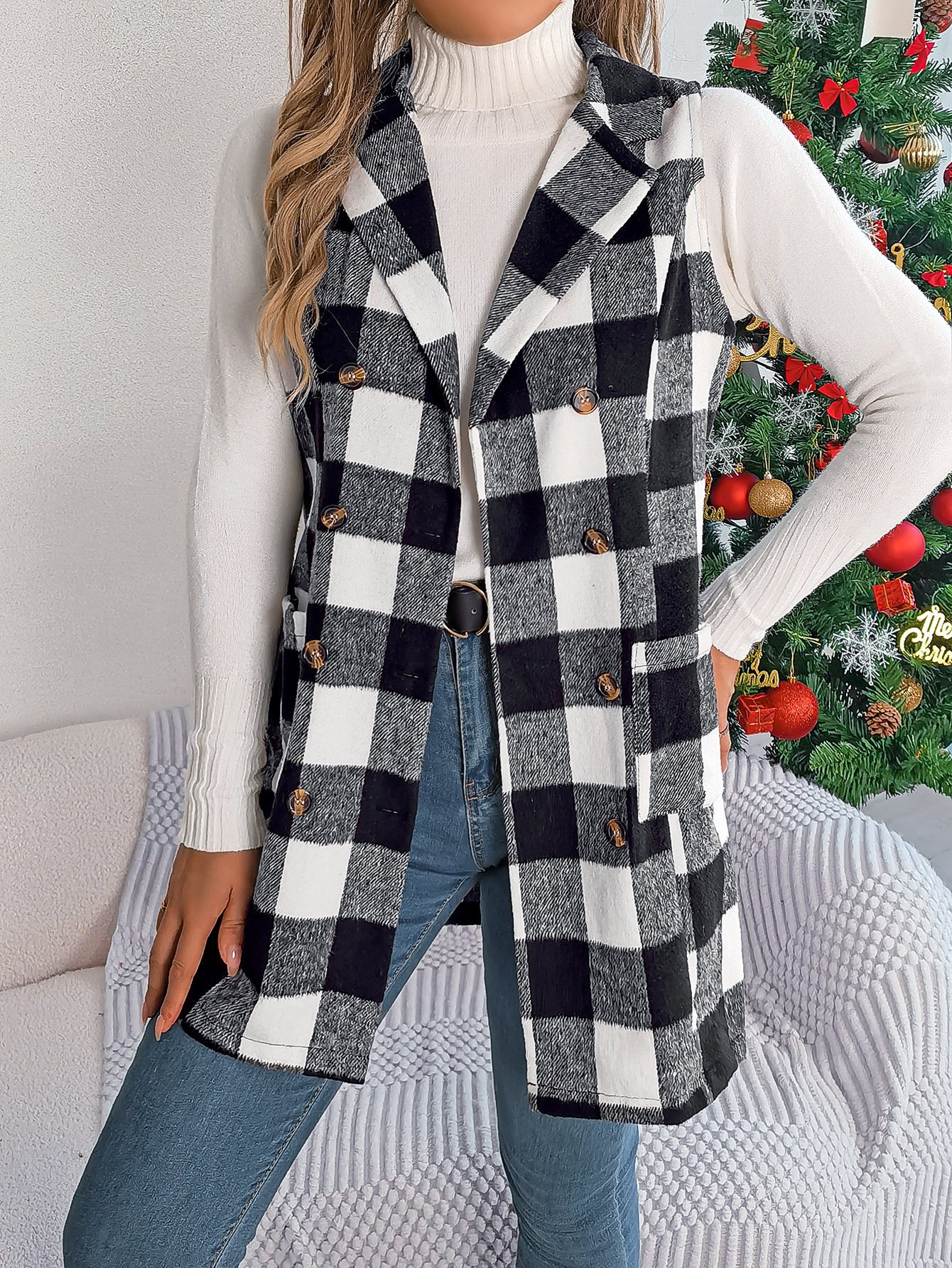 Color-contrast Check Sleeveless Double Breasted Vest Coat - Image 8