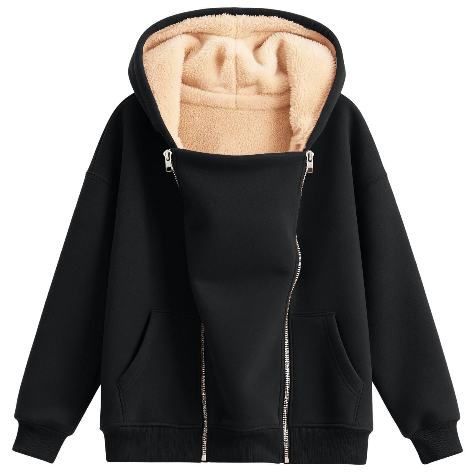 Solid-color Hooded Long-sleeve Zip-up Hoodie With Pockets Extra-thick Fabric - Image 7