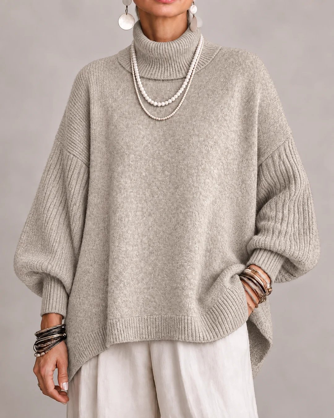 Women's Turtleneck Knitted Pullover Sweater With Lantern Sleeves - Image 8