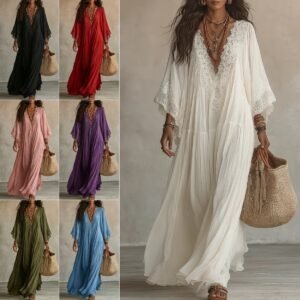 Summer Elegant Solid Dresses Womens Casual Lace Trim V Neck Flowy Maxi Dress Beach Holiday Party Maxi Dresses