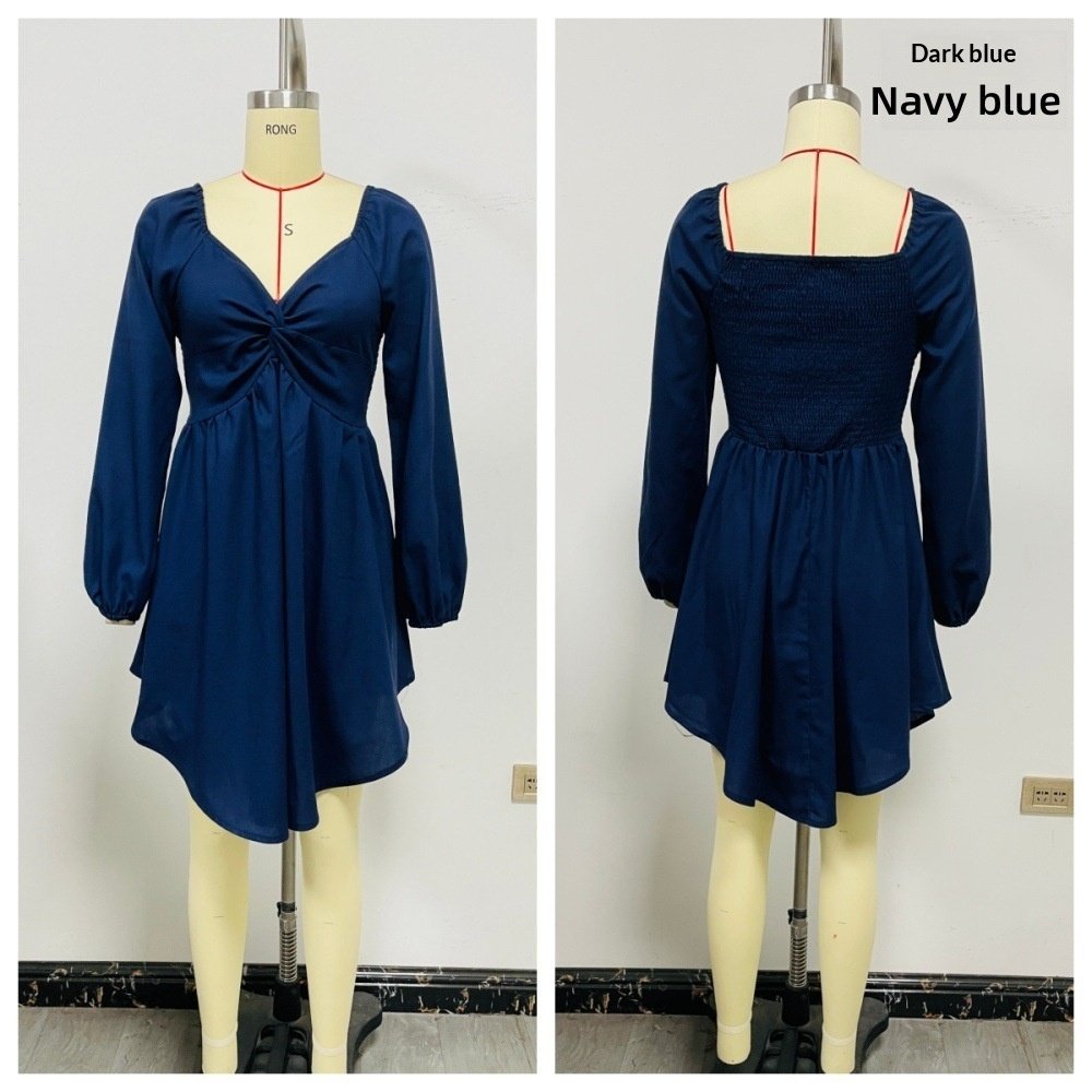 Women's Solid Color And V-neck Chest Twisted Long Sleeve Waist Dress - Image 9