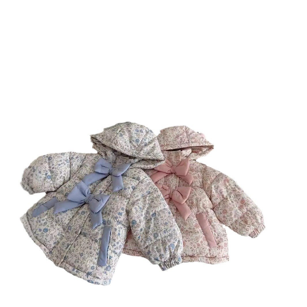 Winter Fashion Baby Floral Print Winter Bow Hooded Jacket - Image 5