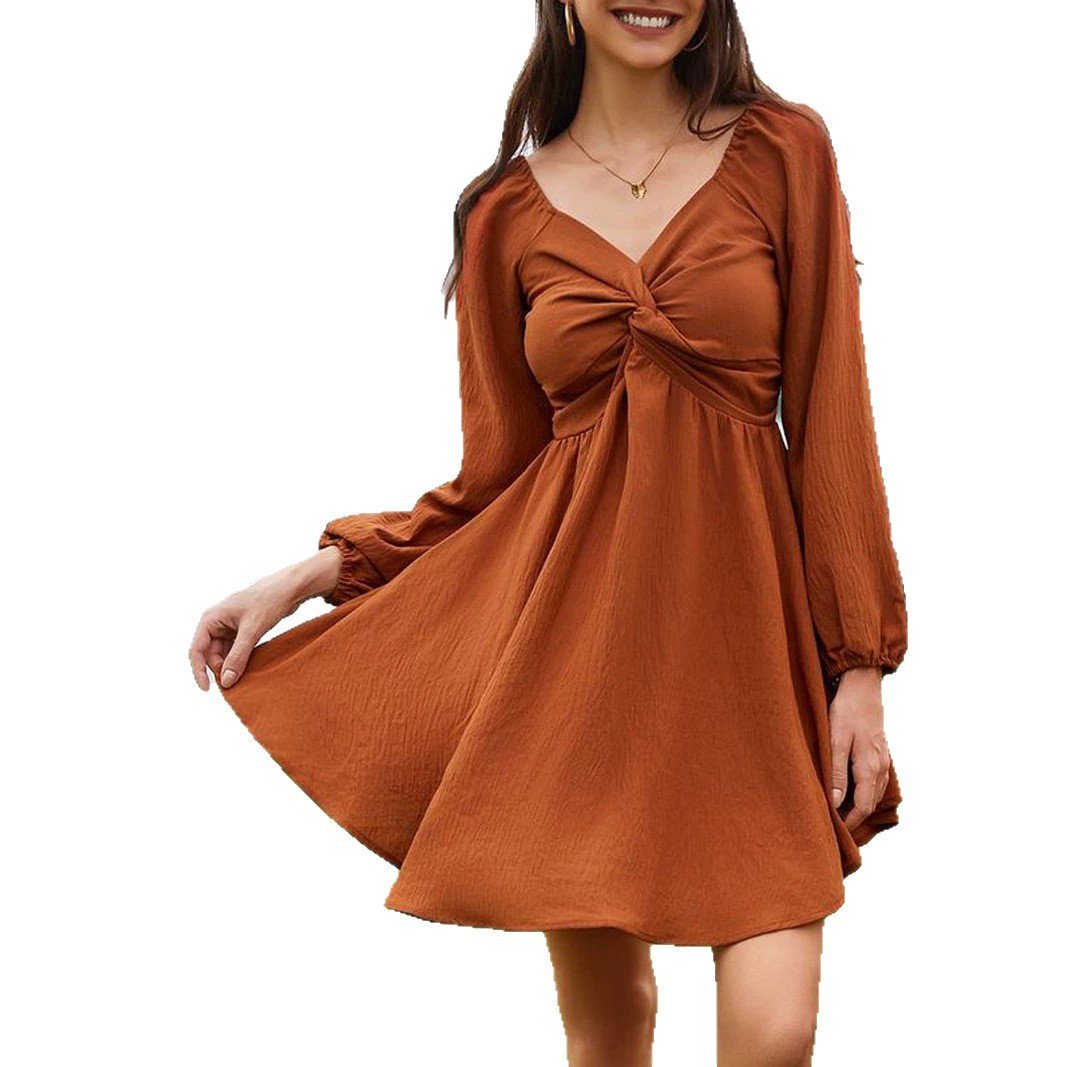 Women's Solid Color And V-neck Chest Twisted Long Sleeve Waist Dress - Image 5