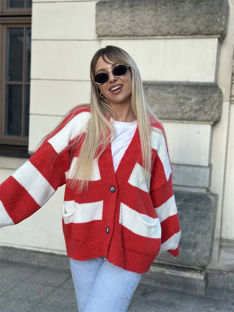 Autumn And Winter New Casual V-neck Long Sleeve Striped Sweater Coat - Image 8