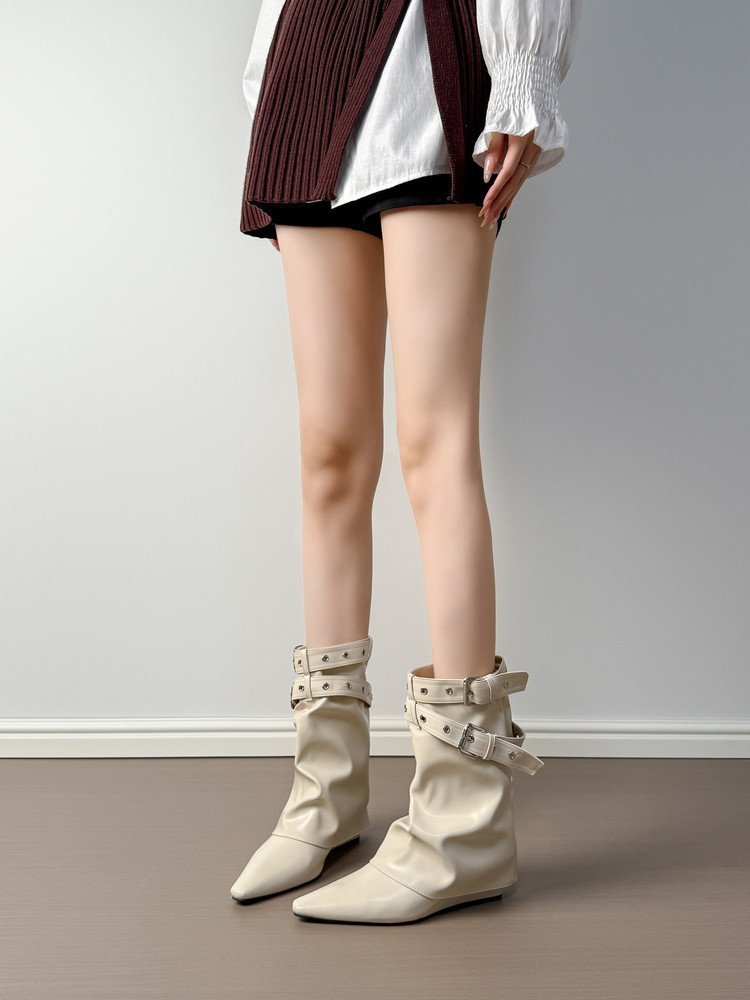 Women's White Spicy Girl Rivet PointedToe MidCalf Slouch Boots, Biker Boots & Ankle Boots For TuckedIn Pants - Image 5