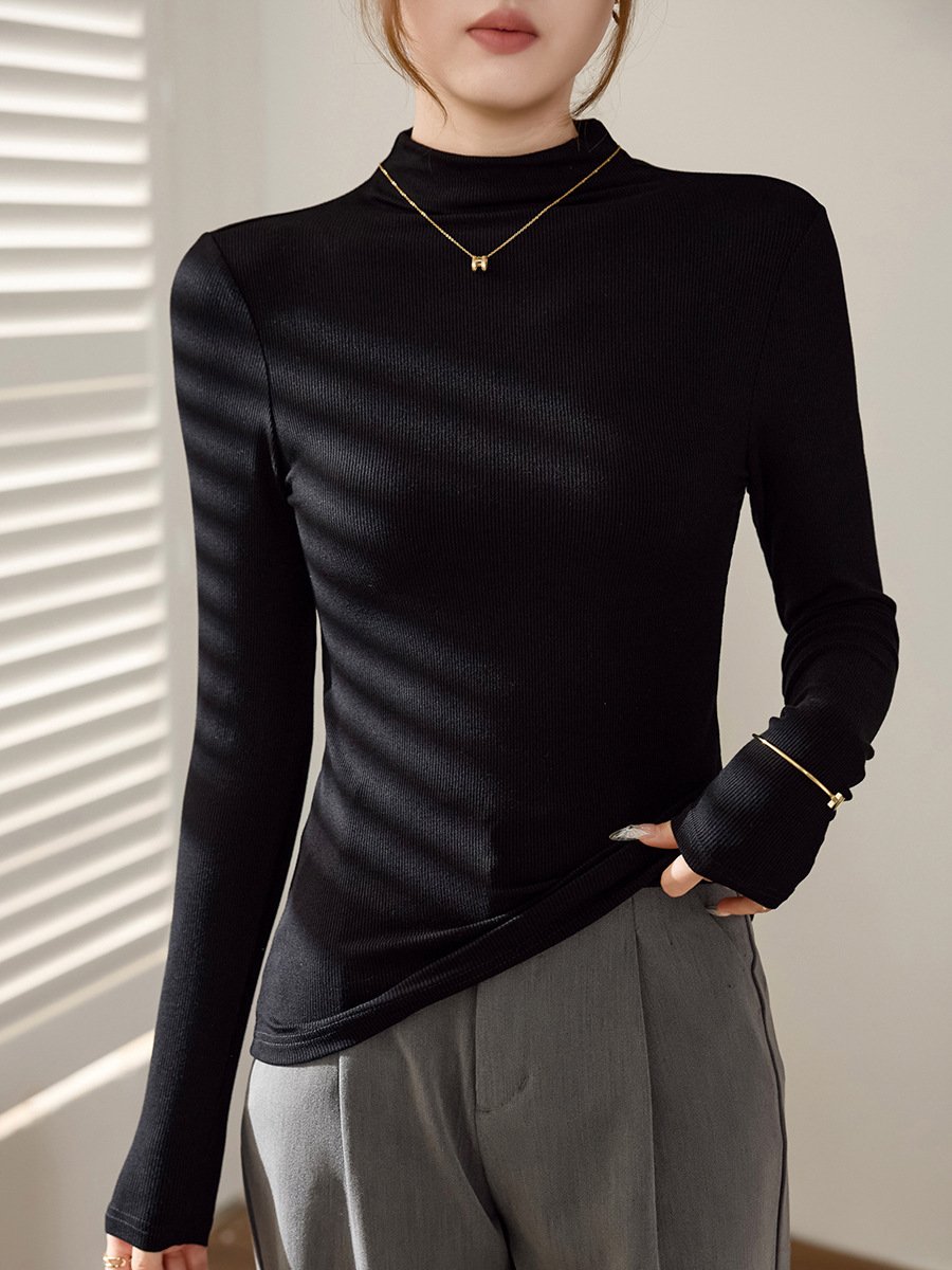 High-elasticity Cotton Mock-neck Base Layer Women's Long-sleeve T-shirt - Image 3
