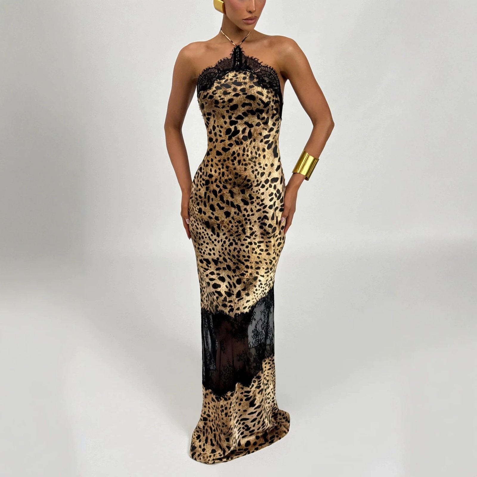 Retro Leopard-print Lace-trimmed Halter-neck Dress - Image 2