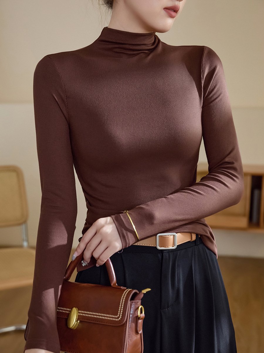 High-elasticity Cotton Mock-neck Base Layer Women's Long-sleeve T-shirt - Image 4