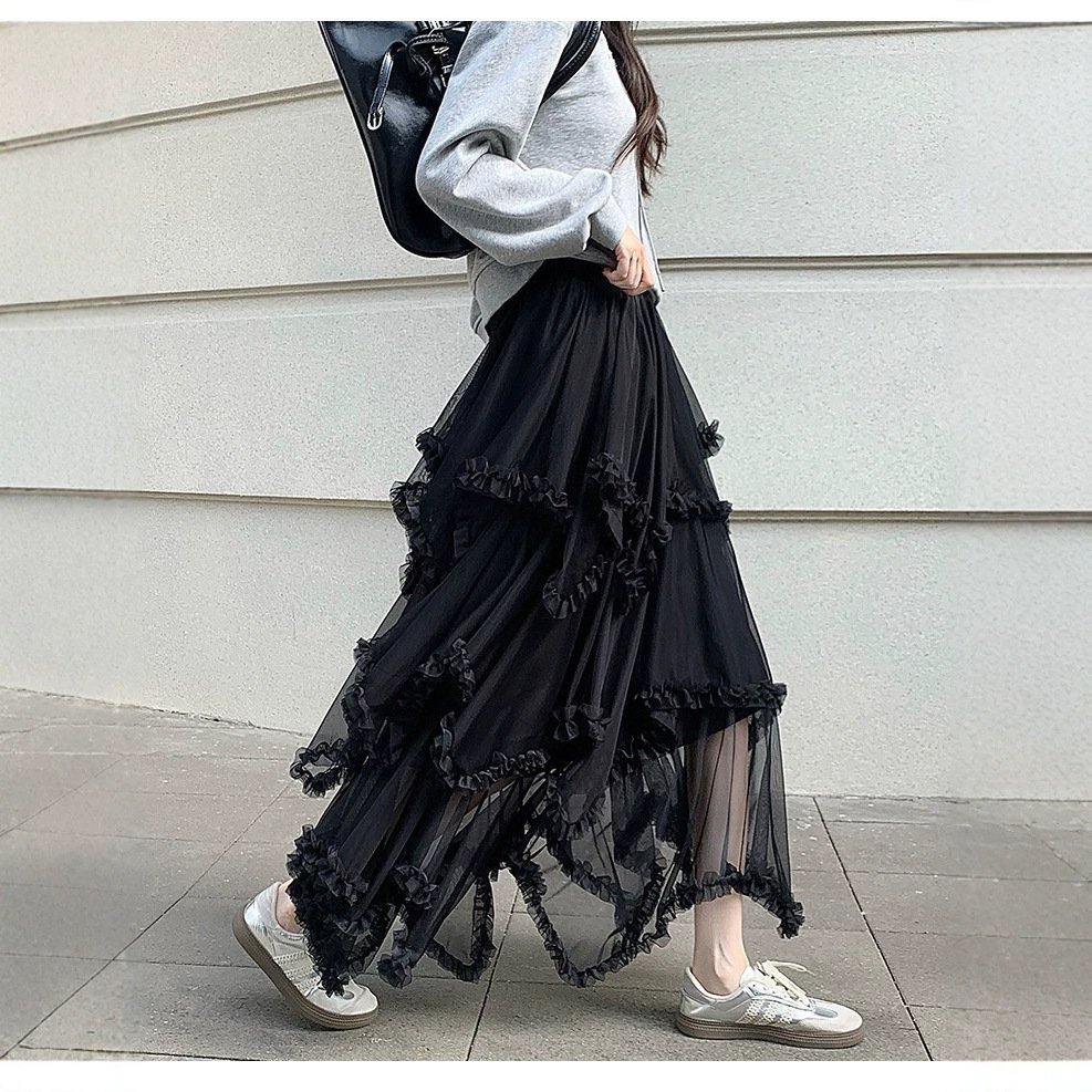 Elegant Solid-color Versatile High-waisted Figure-flattering Asymmetrical Mesh Skirt - Image 2