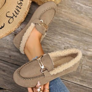 Women Winter Fluffy Cotton Slippers Metal Buckle Warm Flat Casual Shoes