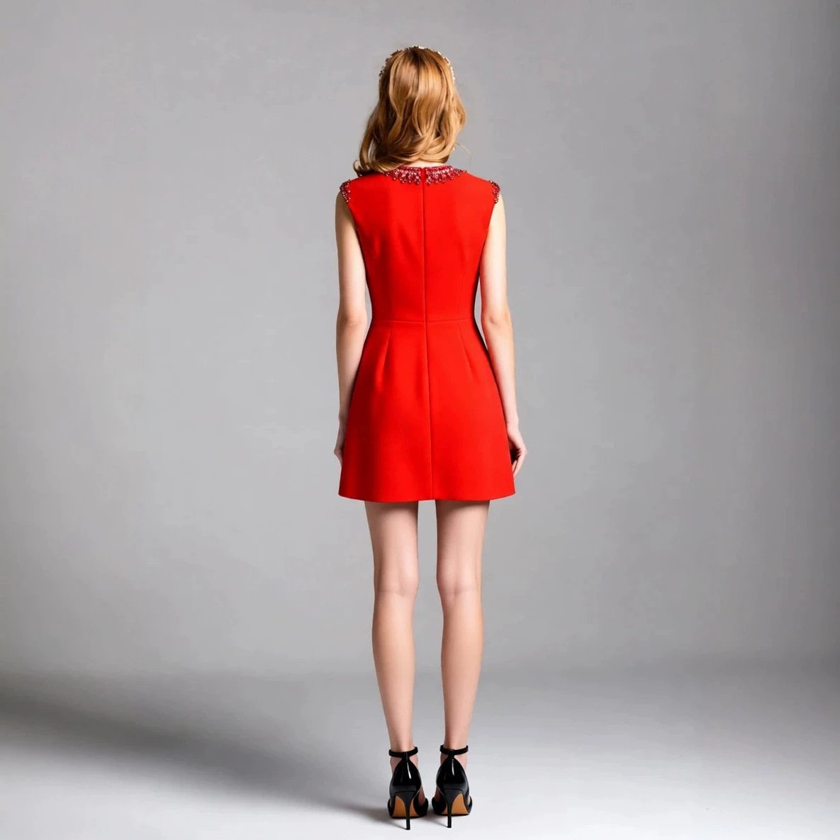 Women's Red Sleeveless Beaded Short Dress - Image 4