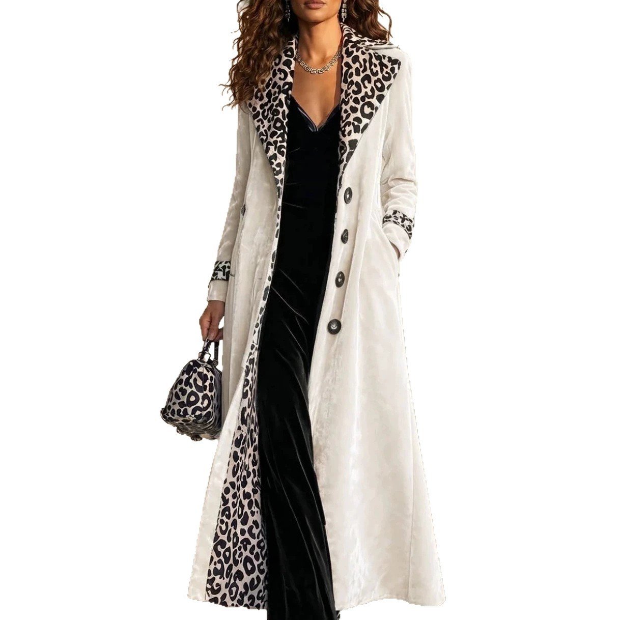 Retro Leopard-print Color-block Lapel Single-breasted Long-sleeve Trench Coat - Image 5