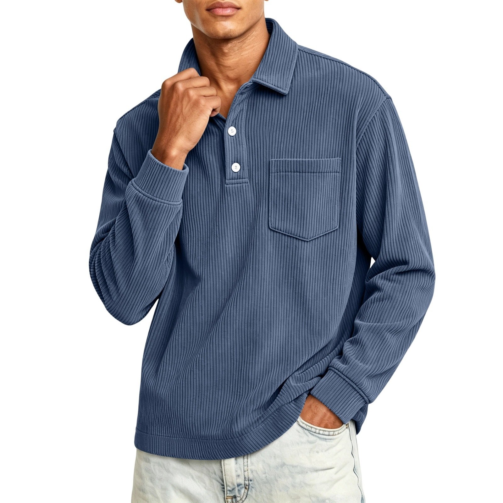 Men's Corduroy Solid-Color Striped Lapel Shirt - Image 10