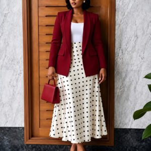 Blazer With A Polka-dot Flared Midi Skirt