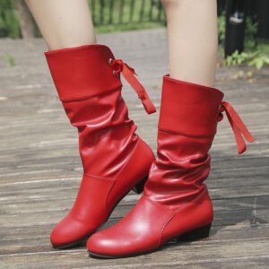 Women Mid Calf PU Leather Chunky Boots Low Heel Winter Back Lace Up Boots