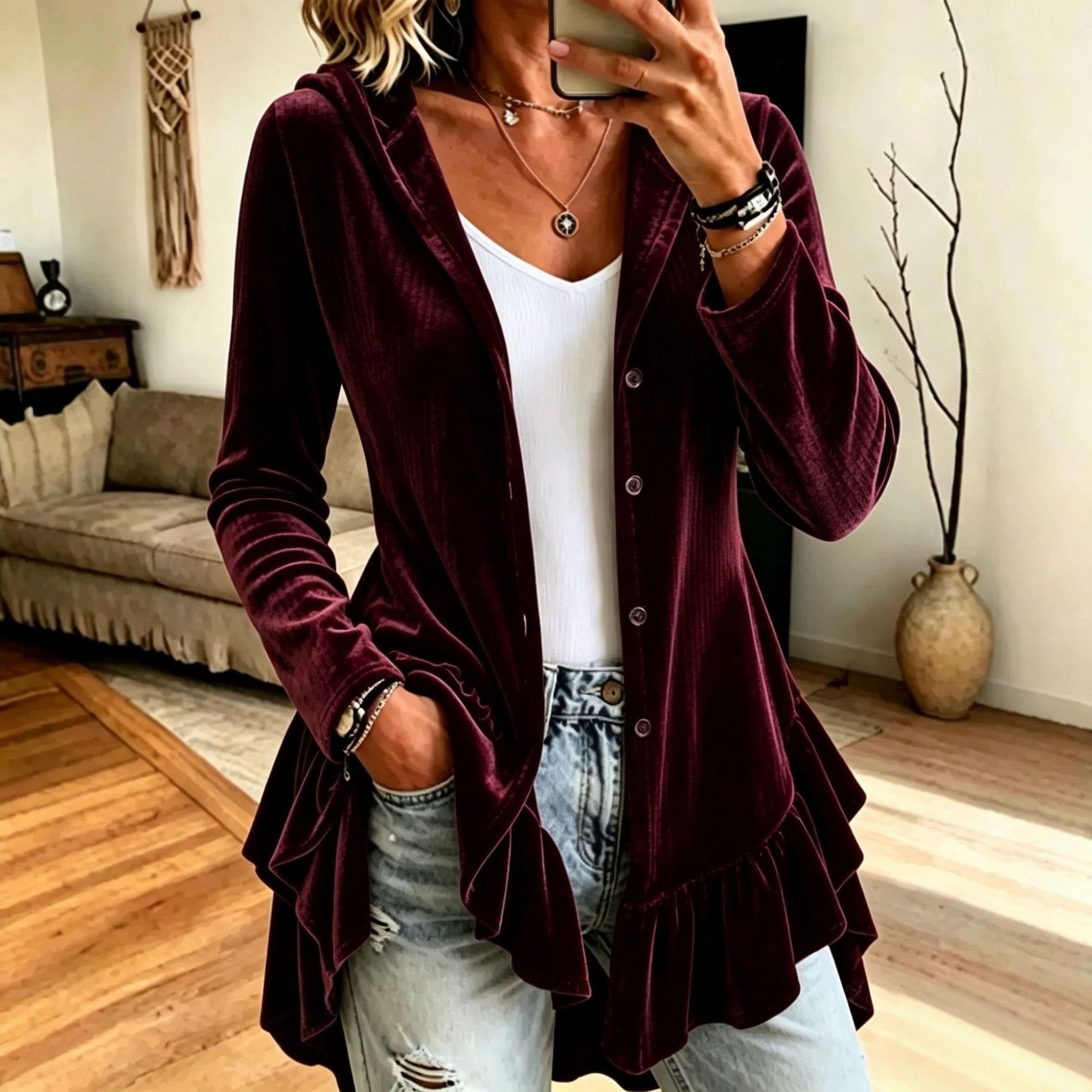 New Fallwinter Womens Hooded Solid-color Long-sleeve Loose-fit Button-front Cardigan - Image 9