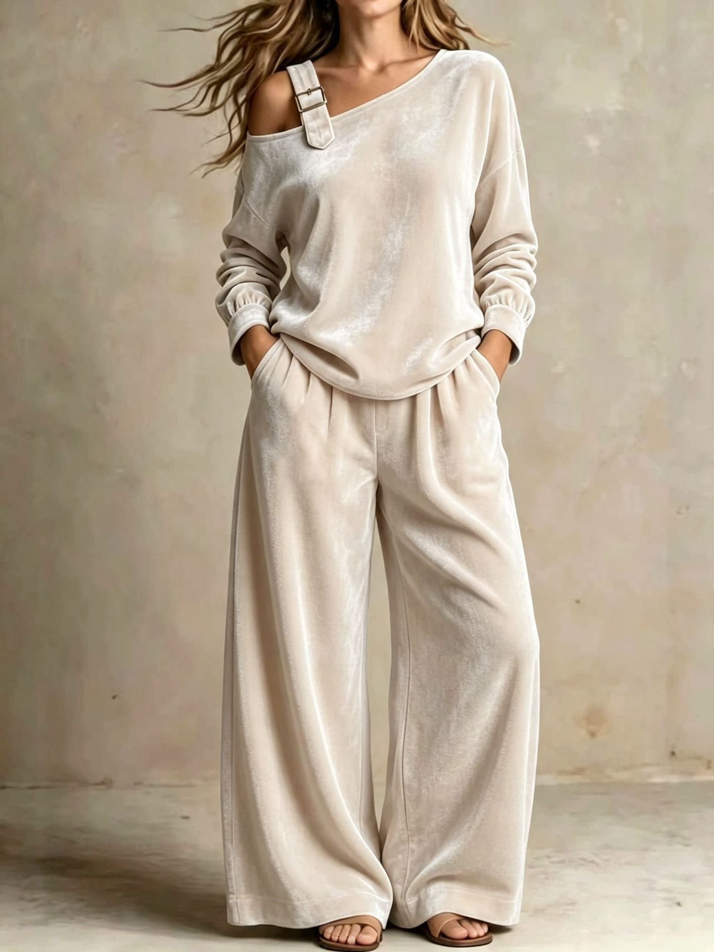 Off-shoulder Suit Women's Velvet Casual Two-Piece Set Soft Comfortable Outfit Daily Clothing - Image 5