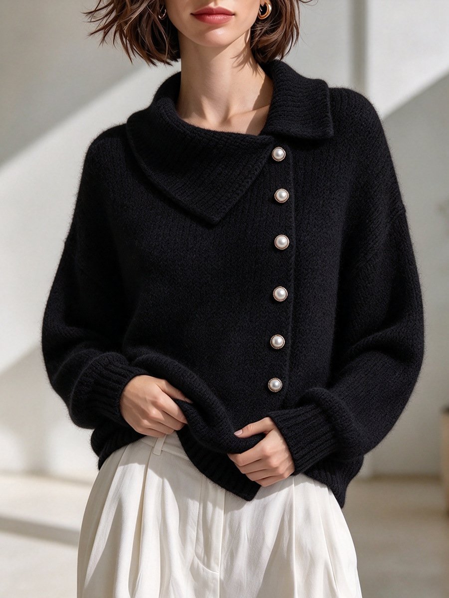Cardigan Asymmetric Wide Collar Pearl Buckle Knitted Sweater - Image 7