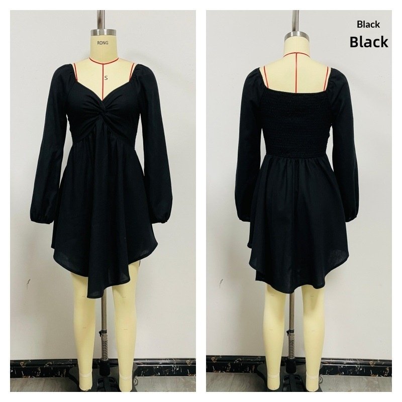 Women's Solid Color And V-neck Chest Twisted Long Sleeve Waist Dress - Image 7