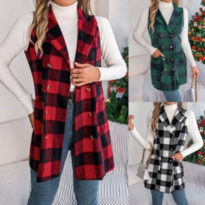 Color-contrast Check Sleeveless Double Breasted Vest Coat