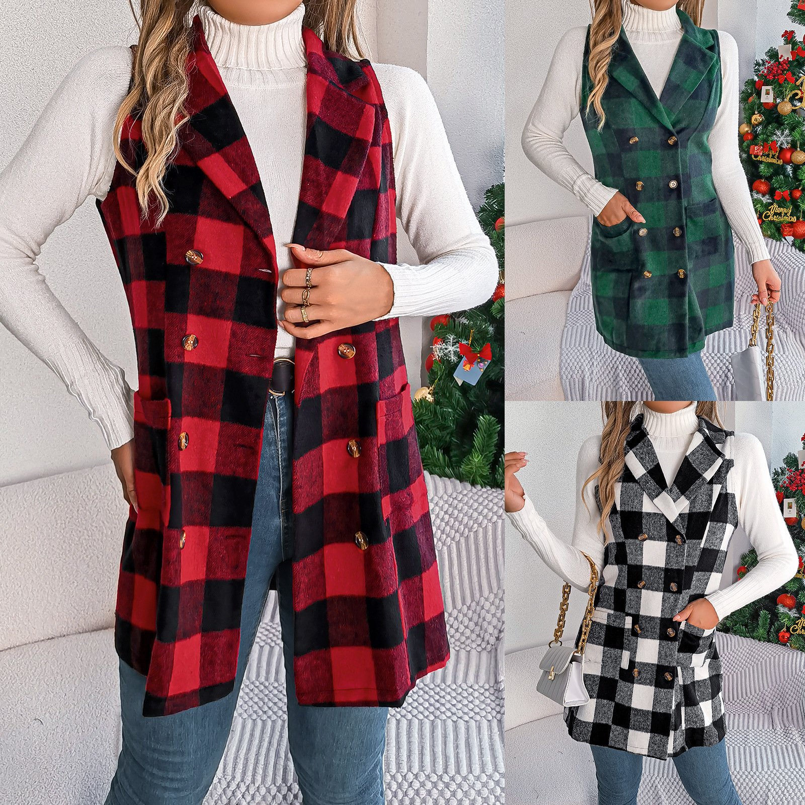 Color-contrast Check Sleeveless Double Breasted Vest Coat