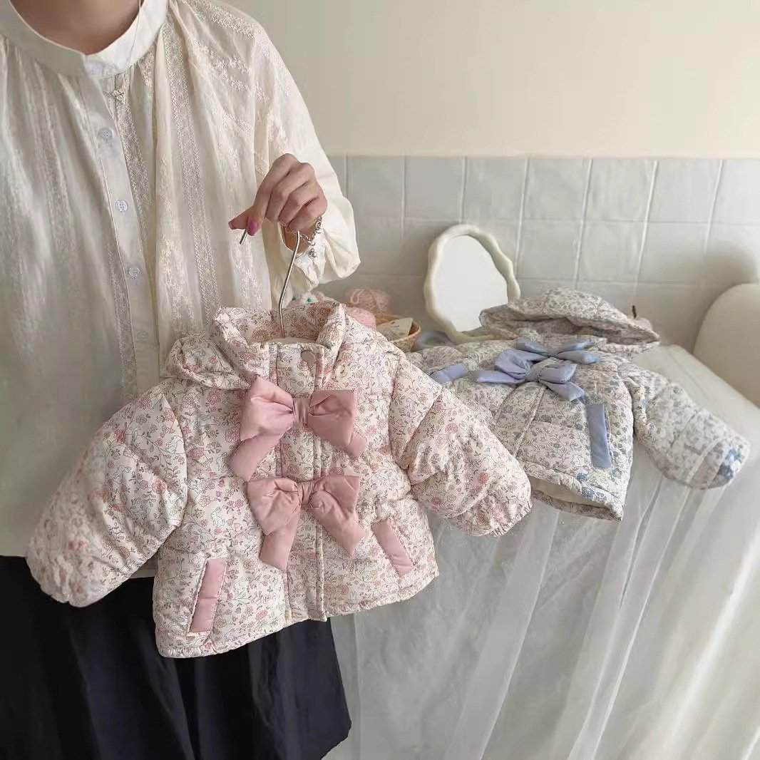 Winter Fashion Baby Floral Print Winter Bow Hooded Jacket - Image 3