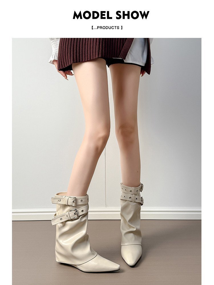Women's White Spicy Girl Rivet PointedToe MidCalf Slouch Boots, Biker Boots & Ankle Boots For TuckedIn Pants - Image 6