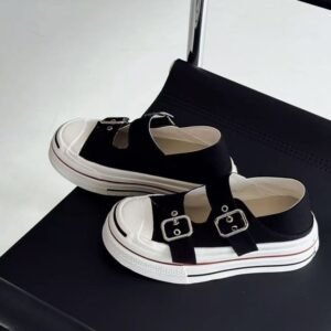 Women Fashionable Versatile Thick Sole Board Shoes Breathable Lightweight Student Casual Shoes Spring One Strap Buckle Flat Shoes