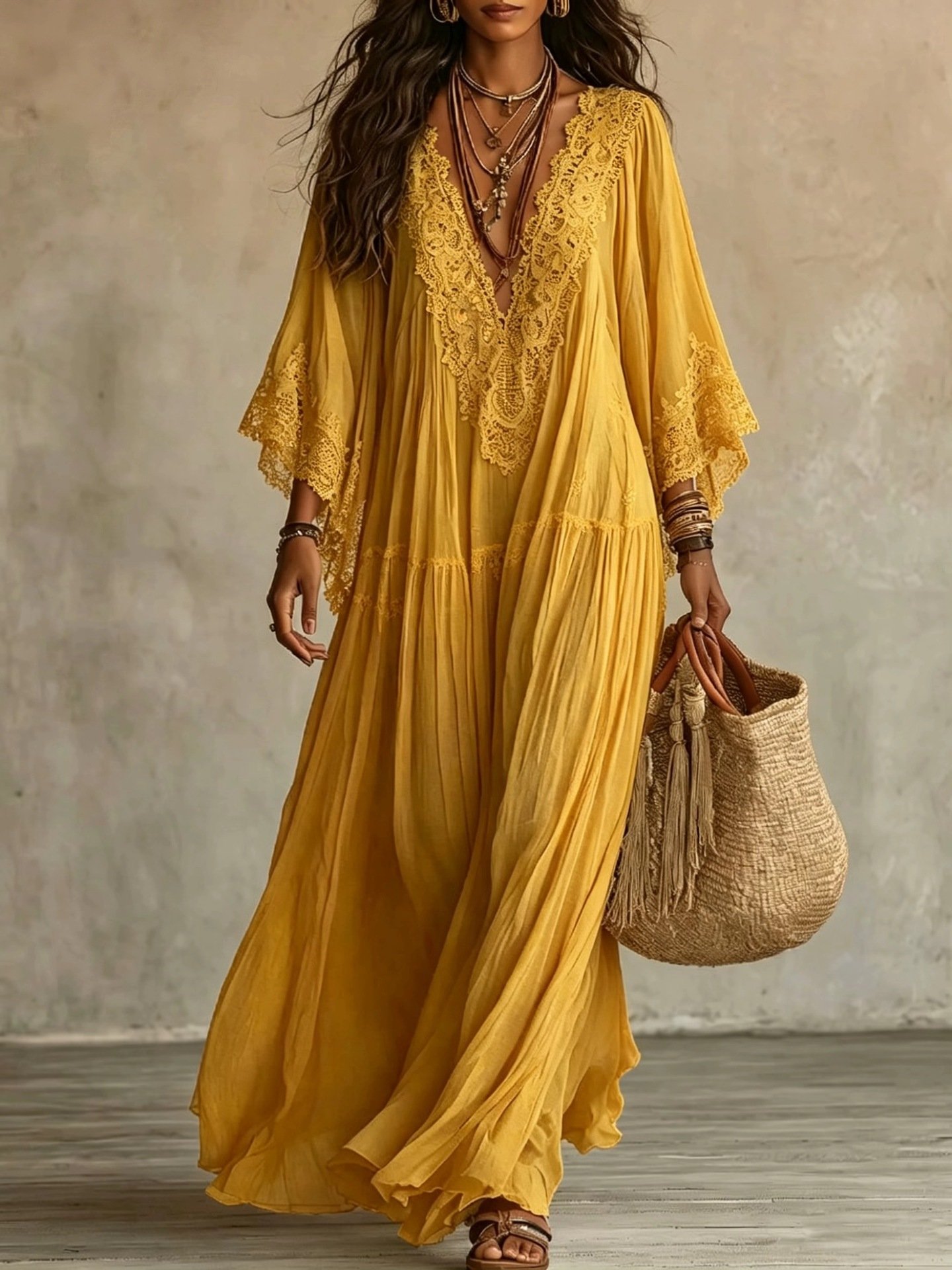 Summer Elegant Solid Dresses Womens Casual Lace Trim V Neck Flowy Maxi Dress Beach Holiday Party Maxi Dresses - Image 10