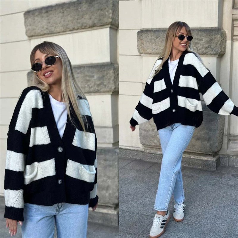 Autumn And Winter New Casual V-neck Long Sleeve Striped Sweater Coat - Image 2