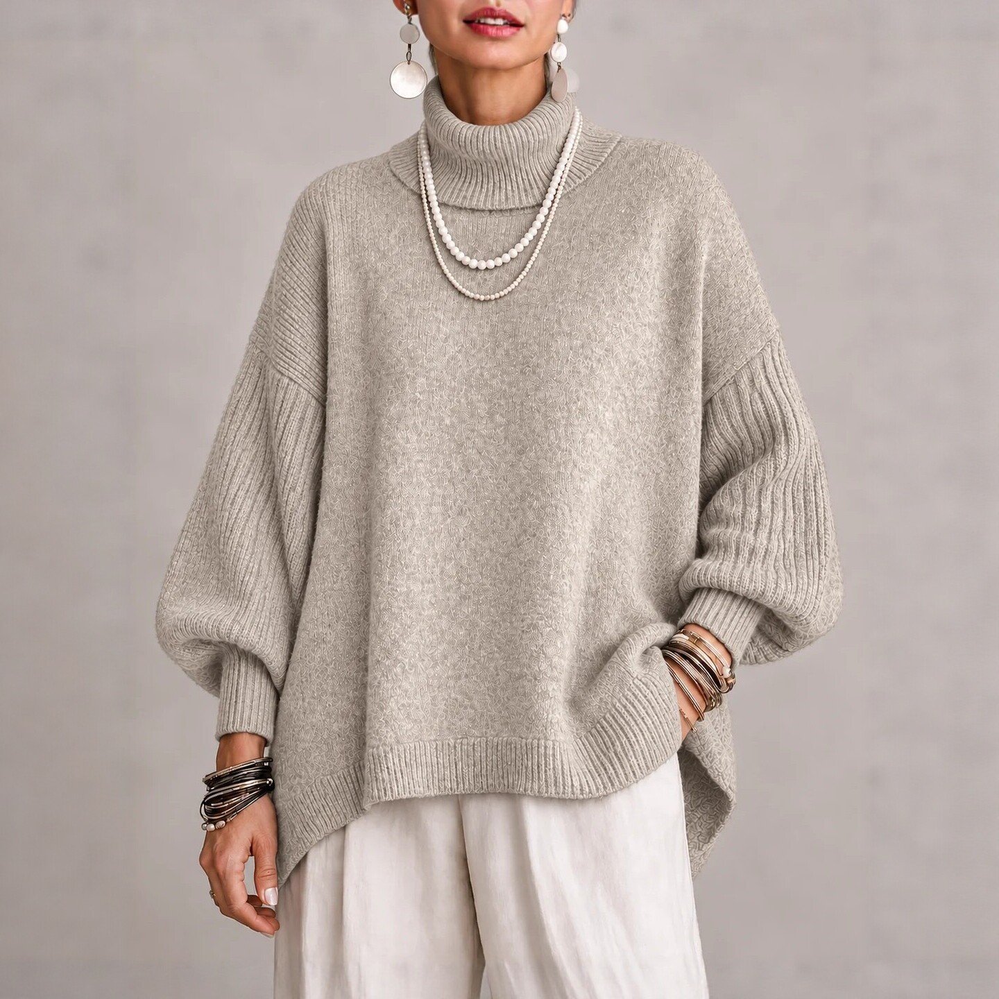 Women's Turtleneck Knitted Pullover Sweater With Lantern Sleeves - Image 3