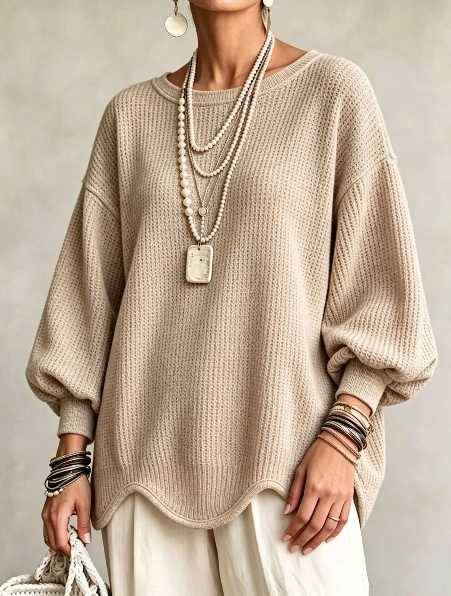 Women's Autumn Round-Neck Lantern-Sleeve Top With Irregular Wavy Hem - Image 6